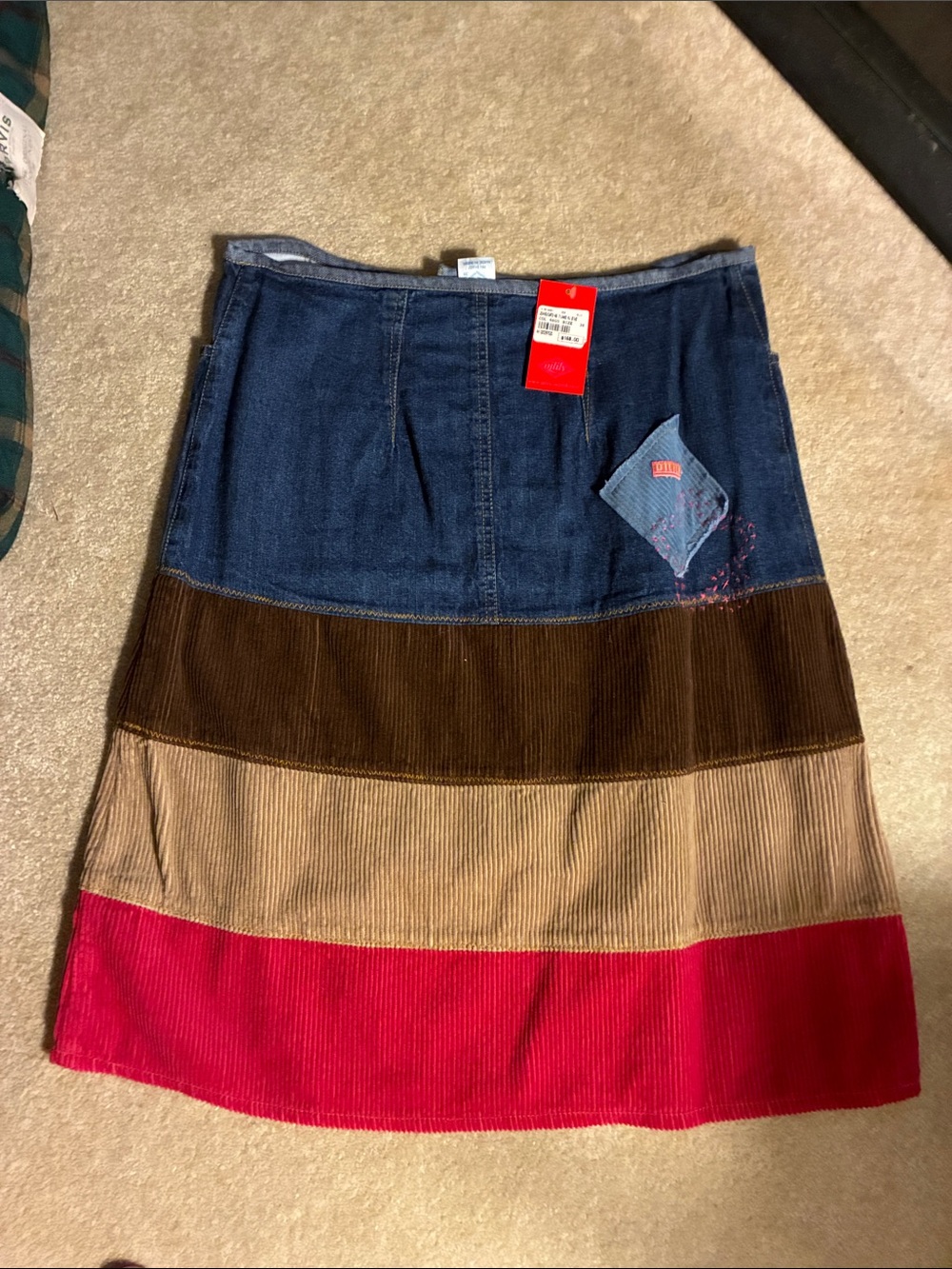 Oilily Denim and Corduroy Tiered A-Line Skirt in Blue, Brown, Tan & Red